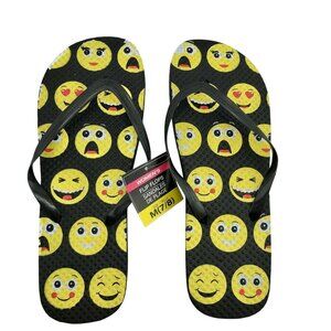 Womens Emoji Flip Flops Sandals Black & Yellow Size M (7/8) Beach Camping Summer